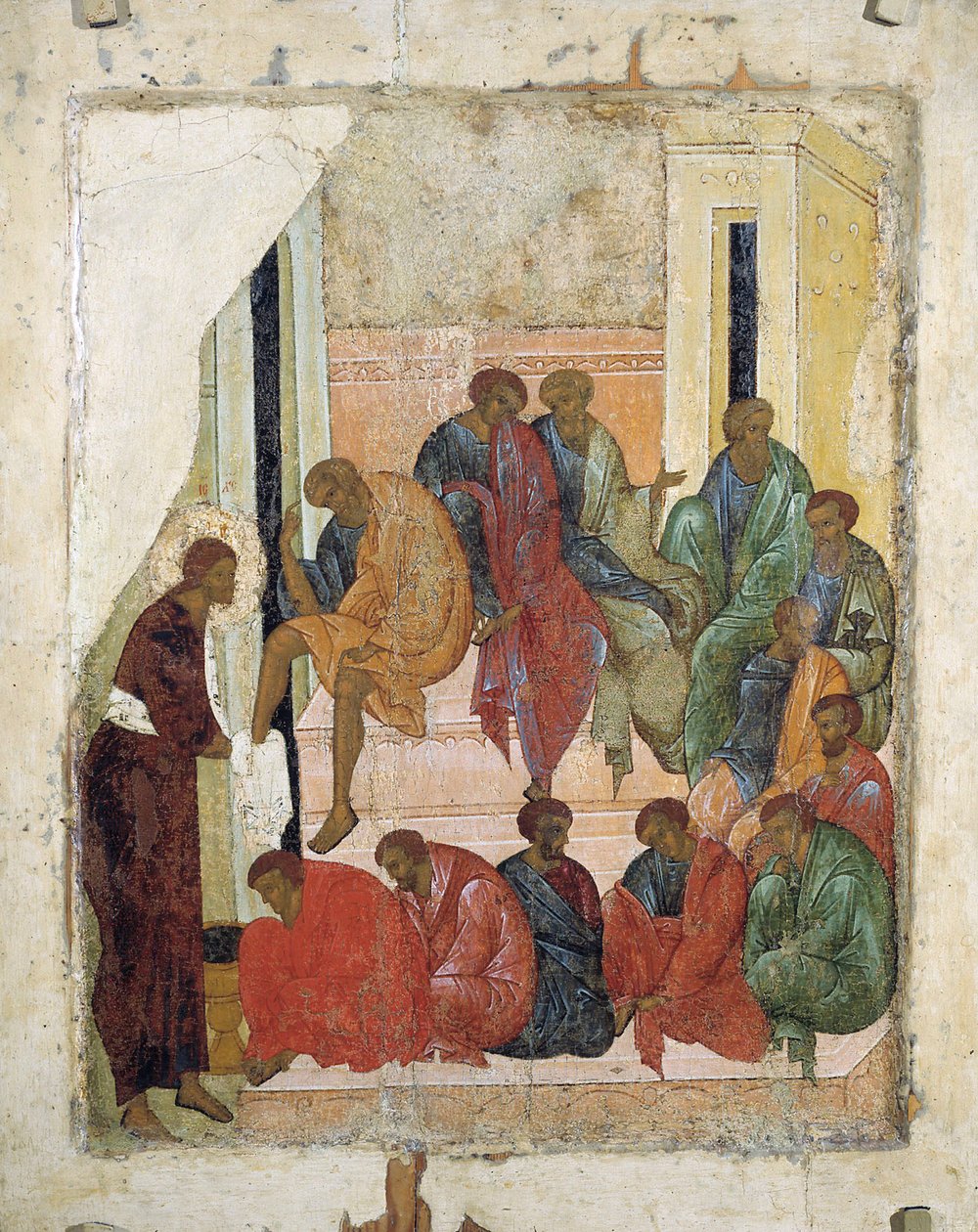 المسيح يغسل أقدام الرسل ، 1497. بواسطة أيقونة روسية.