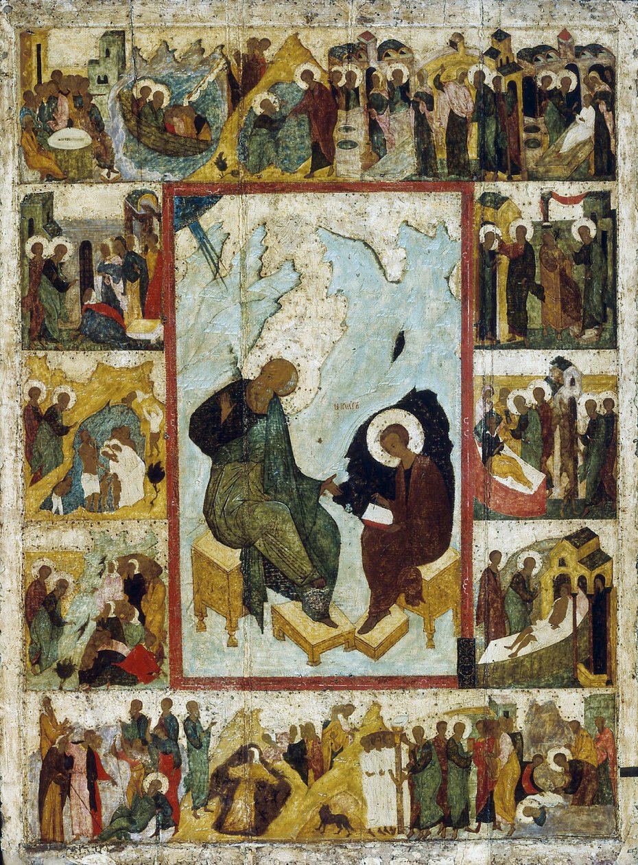 القديس يوحنا الإنجيلي في بطمس مع مشاهد من حياته ، أوائل القرن السادس عشر. بواسطة أيقونة روسية.