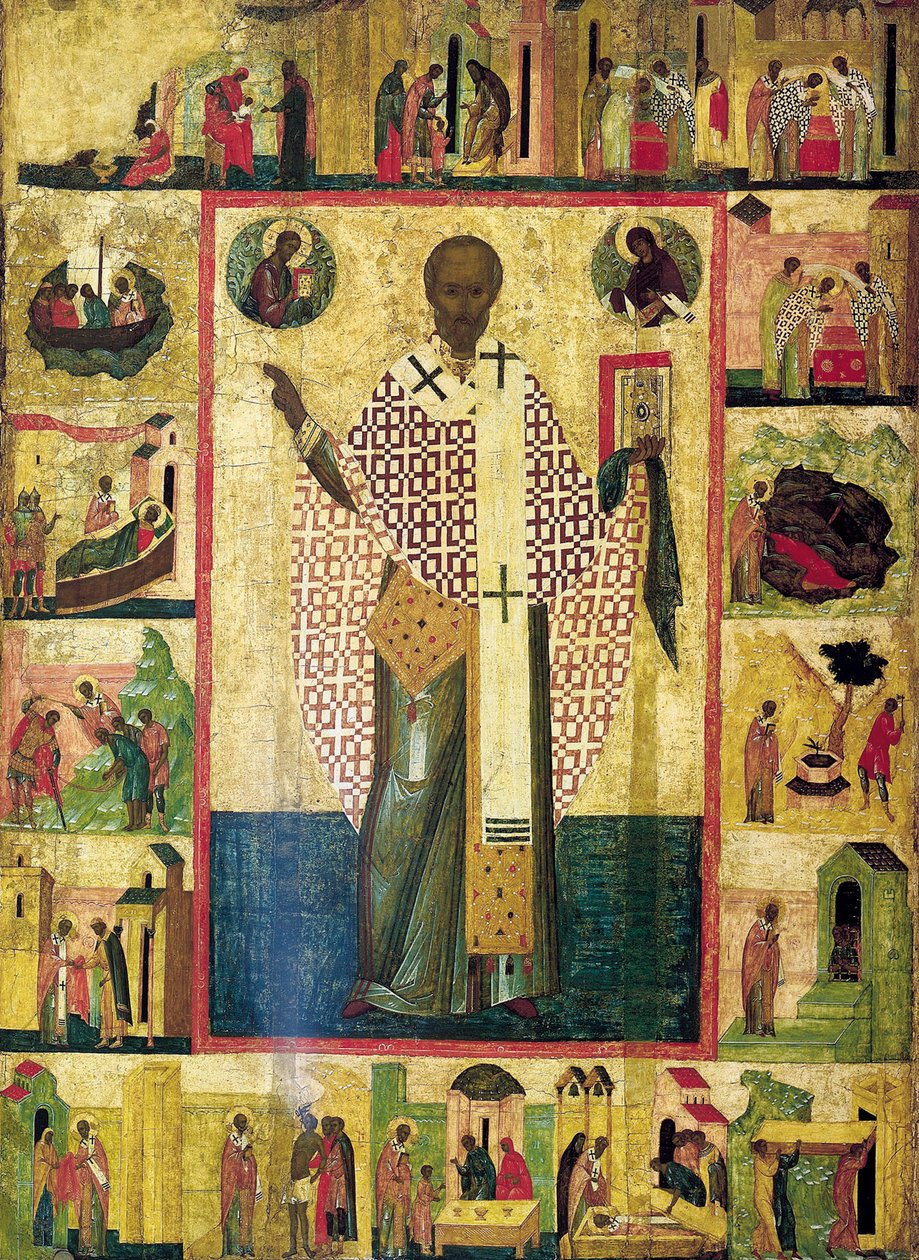 القديس نيكولاس الزارايسك مع مشاهد من حياته ، أوائل القرن السادس عشر. بواسطة أيقونة روسية.