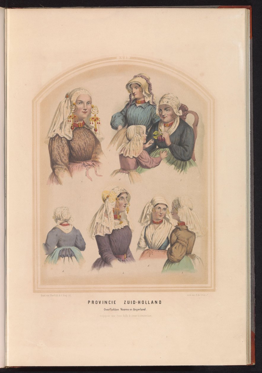 الأزياء التقليدية لـ Overflakkee و Voorne و Oud-Beijerland في جنوب هولندا ، 1857 مقاطعة جنوب هولندا Overflakkee Voorne و Beijerland / XVI (العنوان على الكائن) بواسطة رورت دي فريس