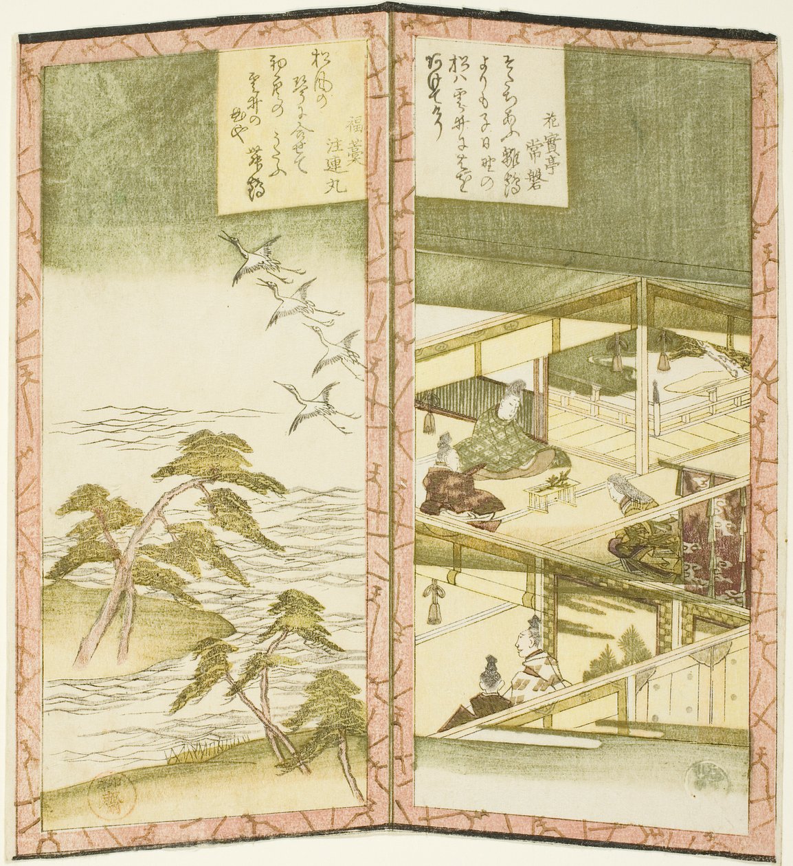 داخل القصر والشاطئ ، من سداسية بلا عنوان تصور زوج من الشاشات القابلة للطي بواسطة Ryuryukyo Shinsai