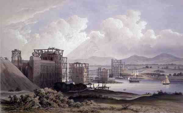 جسر بريتانيا الأنبوبي فوق مضيق ميناي ، تم التقاطه أثناء البناء عام 1848 ، وطباعة حجرية من قبل داي آند سون بواسطة س (بعد) راسل