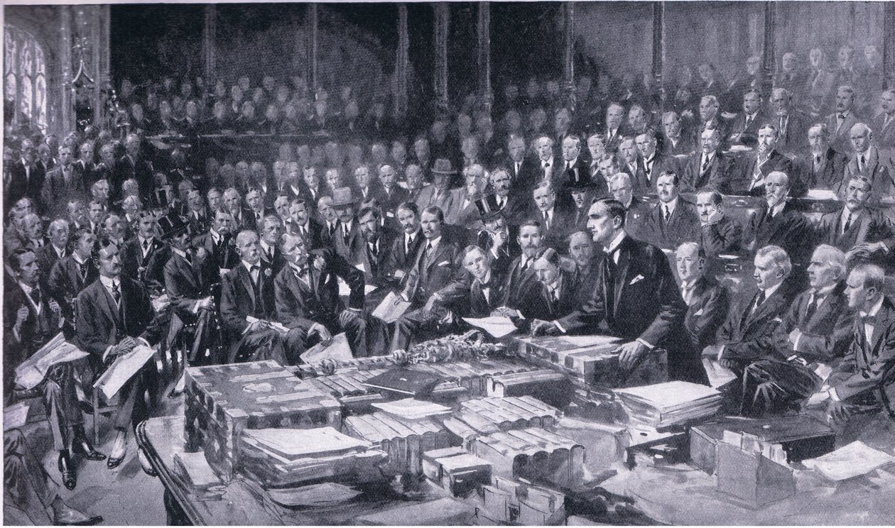 واحدة من الأحداث الأكثر أهمية في تاريخ البرلمان 3 أغسطس 1914 ، من Cassells History of the British People التي نشرتها شركة Waverley Book Company Limited ، c.1940 بواسطة س. بيغ