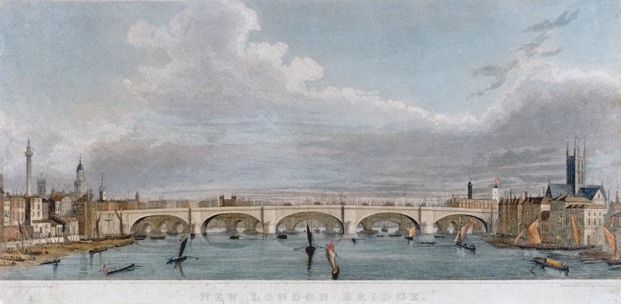 منظر لجسر لندن من الغرب بالمراكب على نهر التايمز ، 1829 بواسطة إس روجرز
