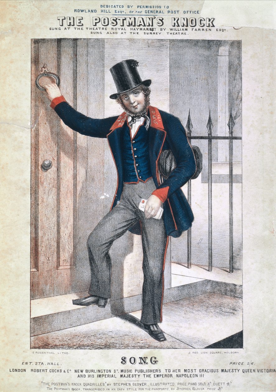 "The Postman's Knock" ، غلاف ورقة ترانيم لستيفن جلوفر (1812-70) ، حوالي 1850 (لون ليثو) بواسطة س. روزنتال