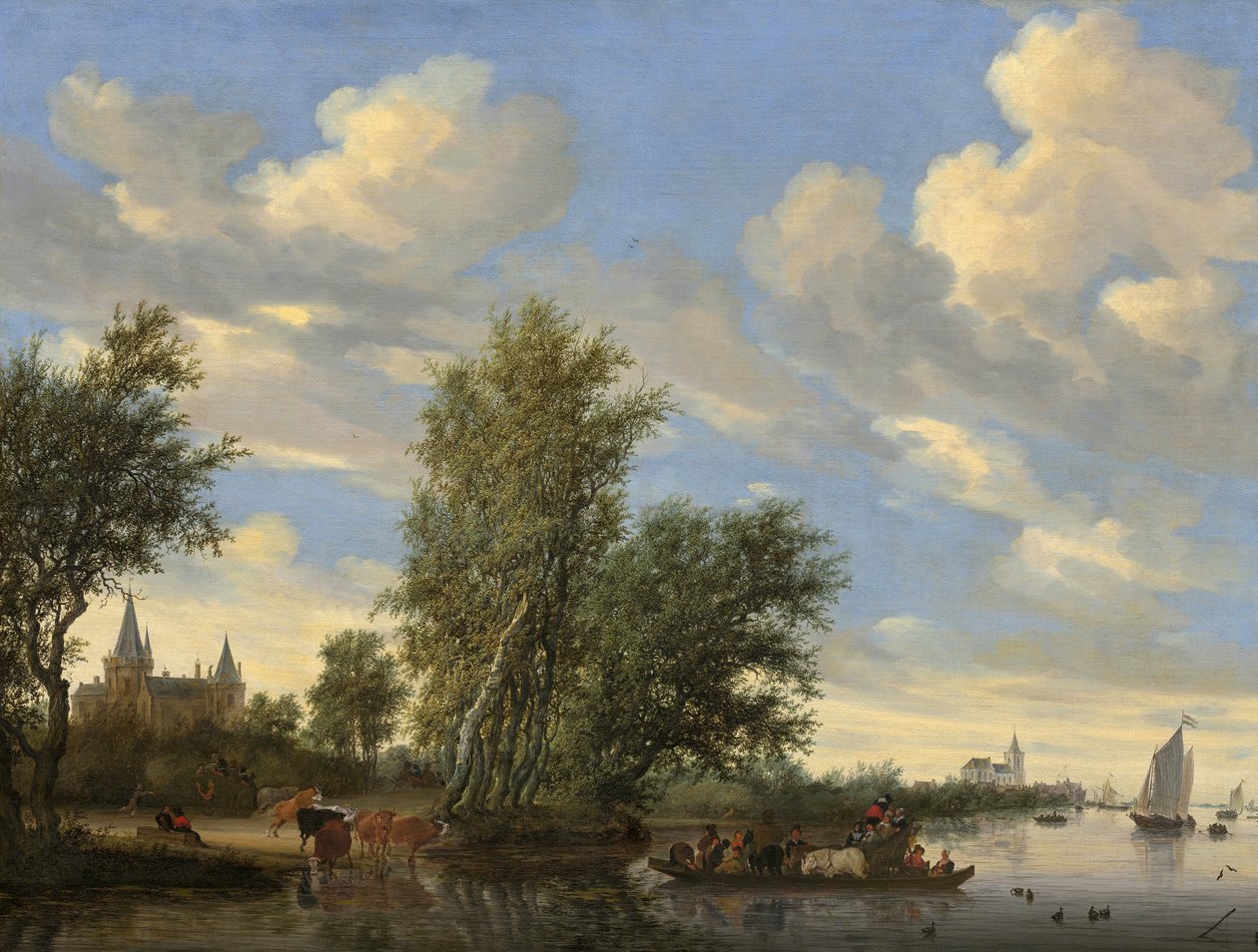 نهر المناظر الطبيعية مع العبارة بواسطة Salomon van Ruisdael أو Ruysdael