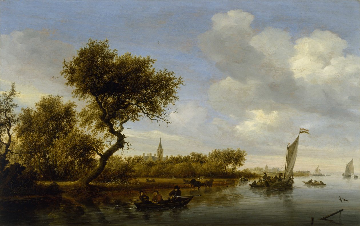 منظر نهر مع كنيسة في المسافة بواسطة Salomon van Ruisdael أو Ruysdael