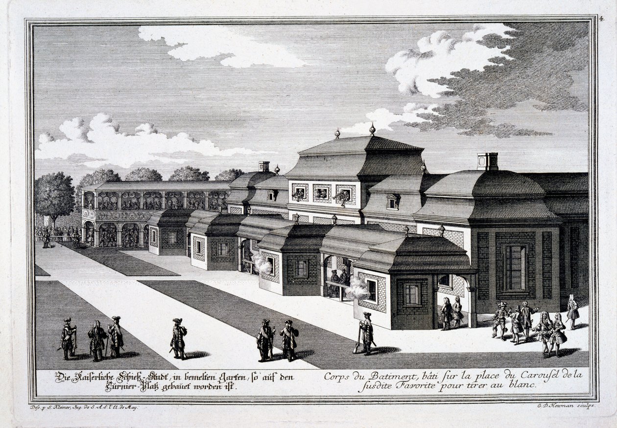 مجموعة إطلاق النار التي تم بناؤها في Place du Carousel لقصر الأمير ، فيينا ، من "عرض Lustgarten التالي باستثناء Residenz-Stadt Wien" ، تم نشره في 1724-37 بواسطة سالومون الصغير