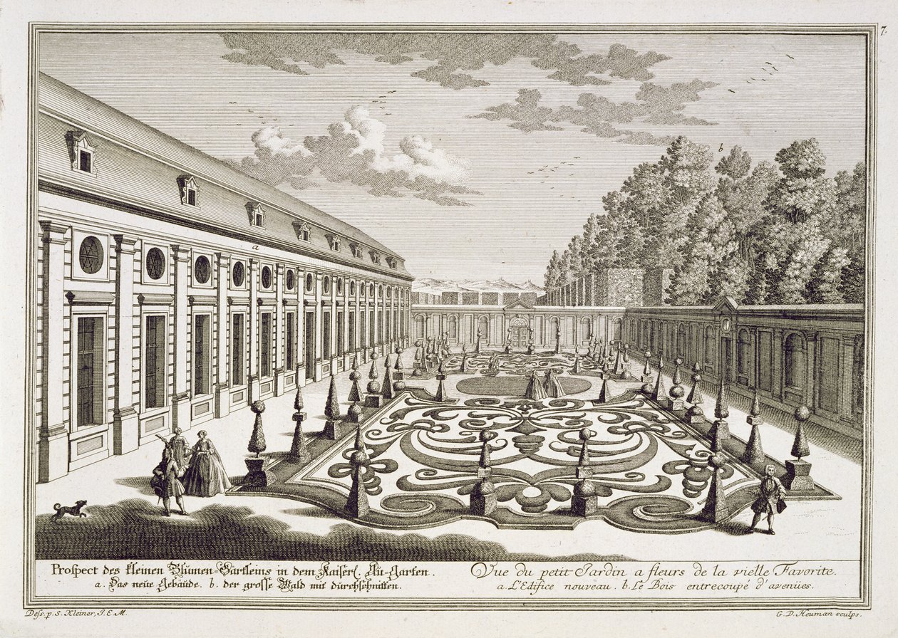 منظر لحديقة زهور بالقرب من فيينا ، من "تقديم عرض Lustgarten التالي باستثناء Residenz-Stadt Wienn ، منقوش بواسطة جورج دانيال هيومان (1691-1759) ، تم نشره في 1724-37 بواسطة سالومون الصغير