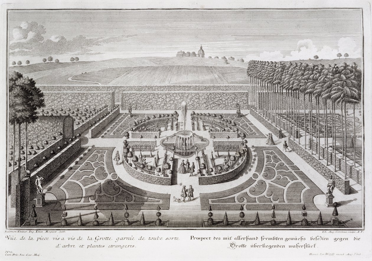 منظر لحديقة توبياري بجوار الكهف ، جيباخ ، محفورة من قبل يوهان أوغست كورفينوس (1683-1738) ، تم نشره عام 1728 بواسطة سالومون الصغير