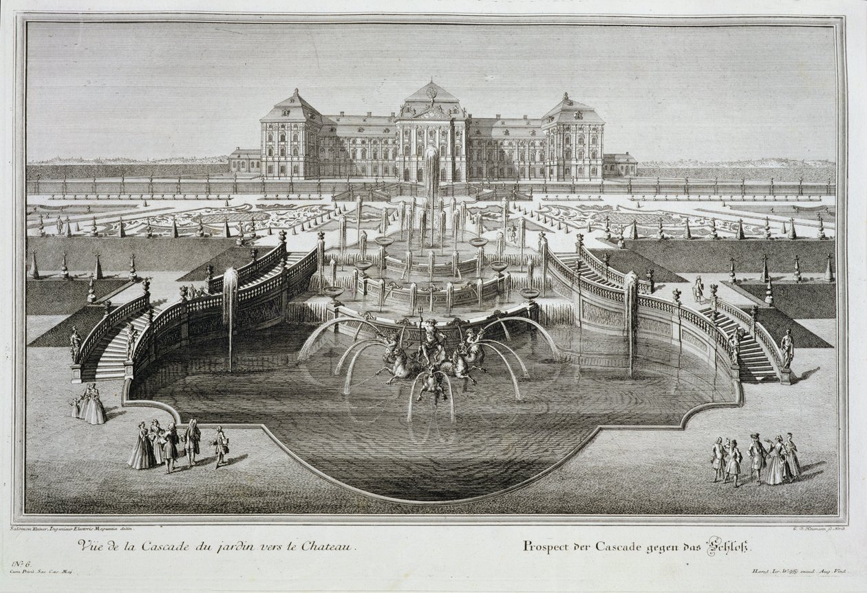 Weissenstein ، منظر نحو القلعة من شلال الباروك ، منقوش بواسطة جورج دانيال هيومان (1691-1759) ، نشر 1728 بواسطة سالومون الصغير