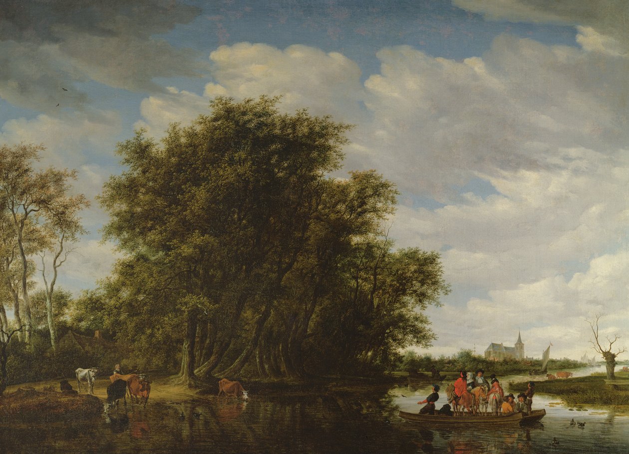 منظر نهر بأرقام في قارب معدية بواسطة Salomon van Ruisdael أو Ruysdael