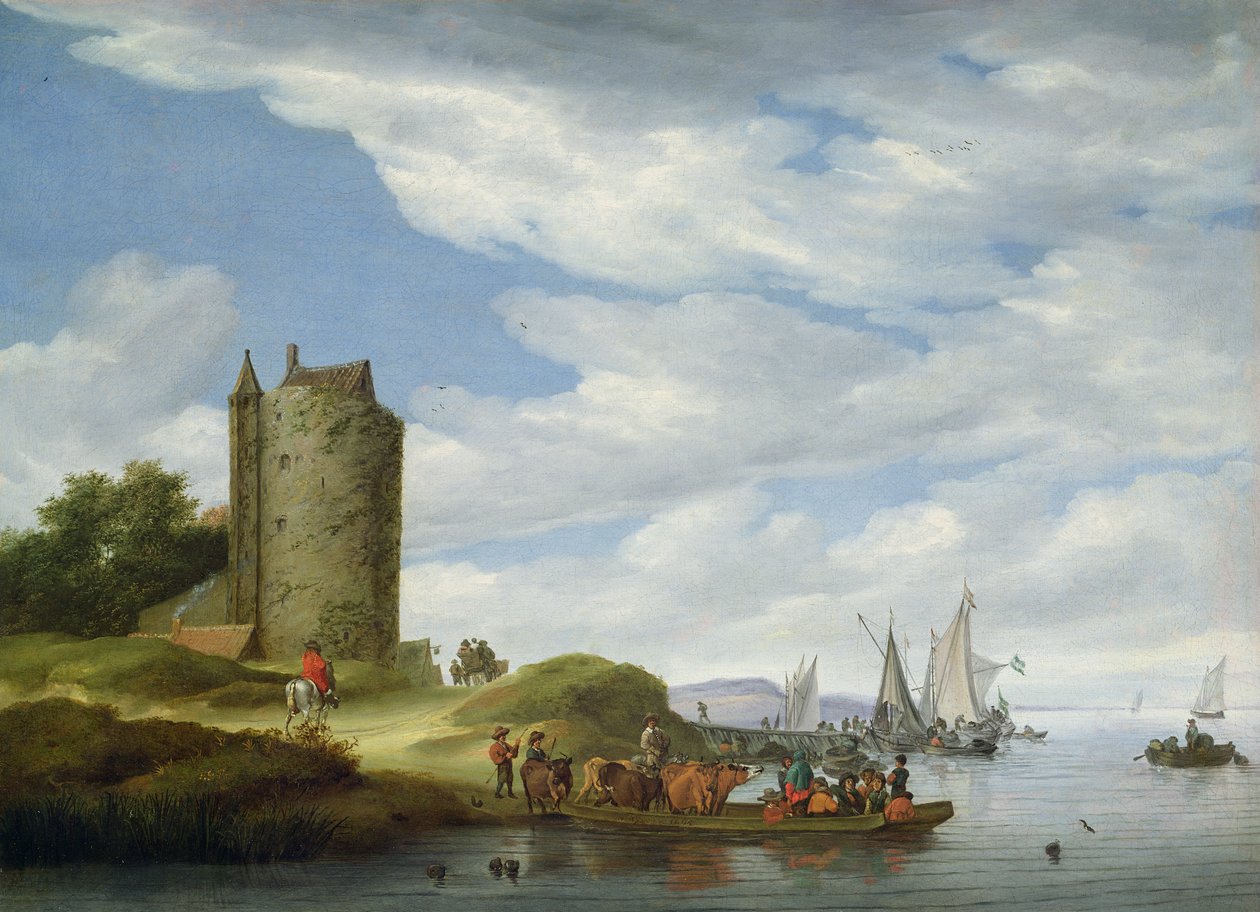 مصب النهر مع برج المراقبة بواسطة Salomon van Ruisdael أو Ruysdael