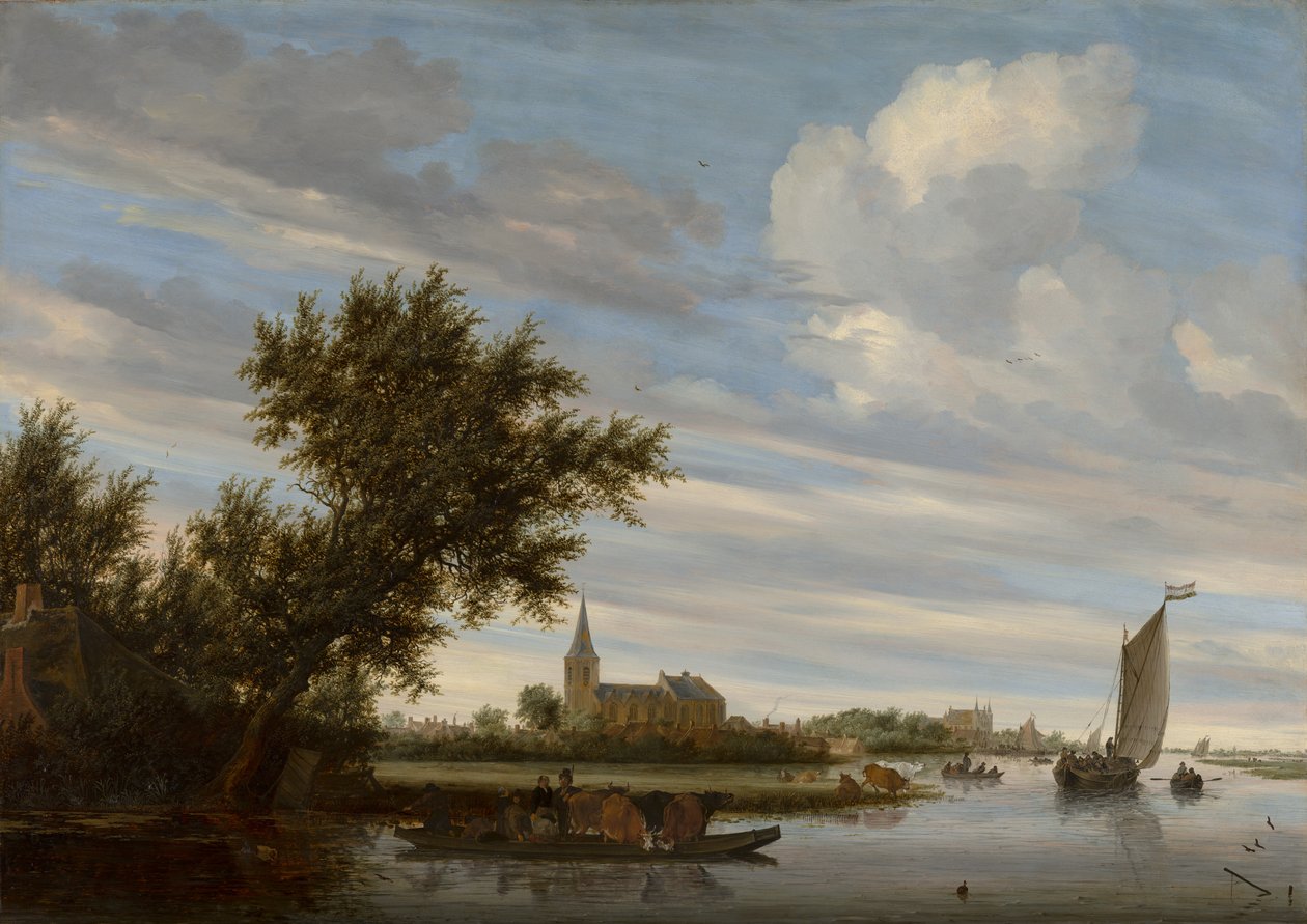 عرض النهر مع الكنيسة والعبارات بواسطة Salomon van Ruisdael أو Ruysdael