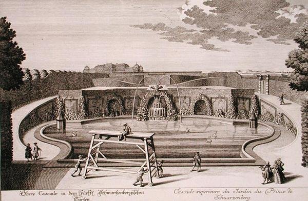 نافورة كبيرة في حديقة أمير شوارزنبرج ، فيينا ، نقشها جورج دانيال هومان (1691-1759) ، نُشرت حوالي 1724-1737 (نقش) (انظر أيضًا 170853) بواسطة سالومون (بعد) الصغير