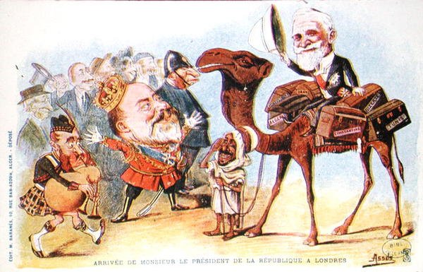رسم كاريكاتوري لوصول رئيس الجمهورية الفرنسية ، إميل لوبيه (1838-1929) إلى لندن عام 1903 (لون ليثو) بواسطة سالومون أسوس