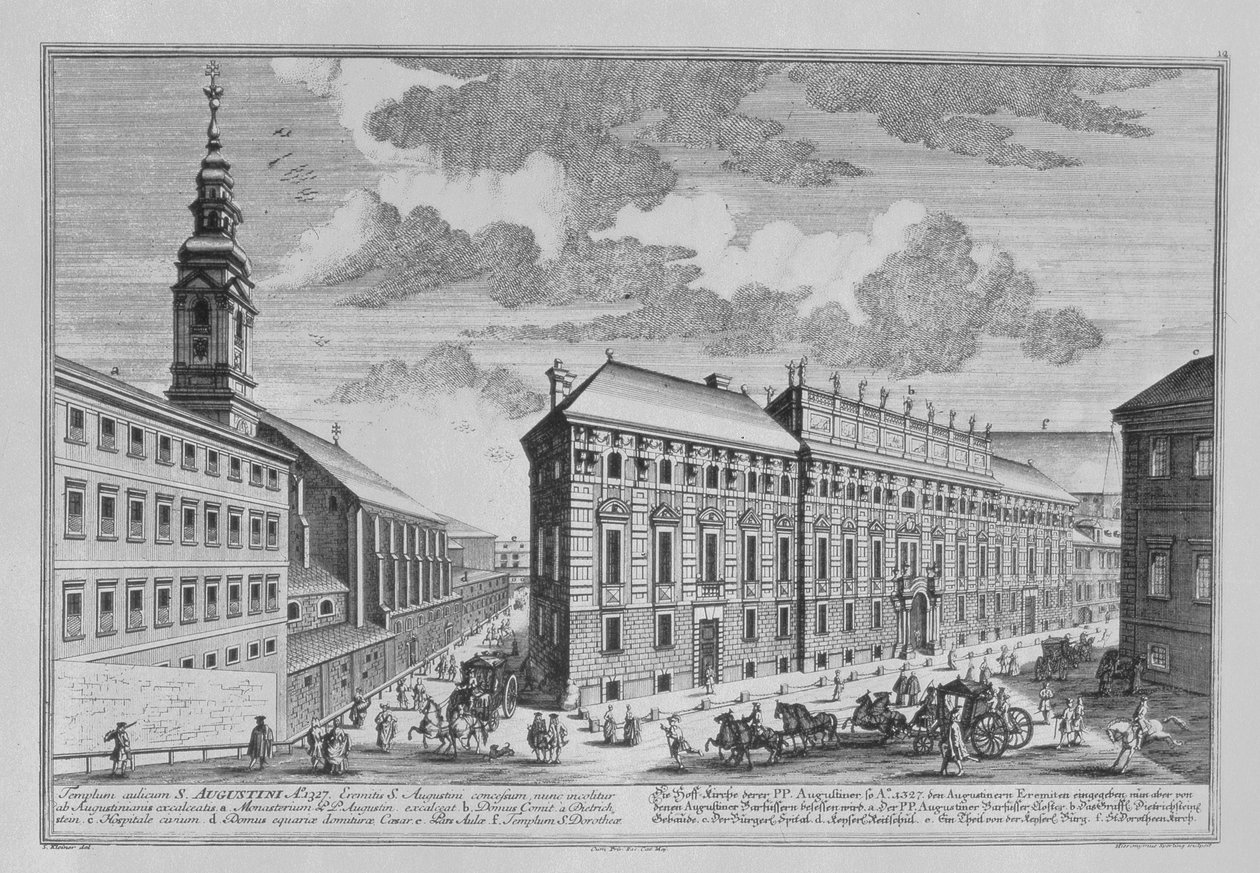 منظر ل Dorotheergasse يظهر Stallburg وكنيسة دير Dorotheum التي نقشها Hieronymous Sperling (1695-1777) بواسطة سالومون الصغير