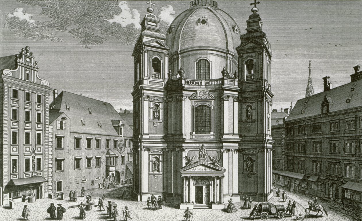 منظر ل Peterskirche ، فيينا منقوش بواسطة يوهان برنارد هاتينغر بواسطة سالومون الصغير