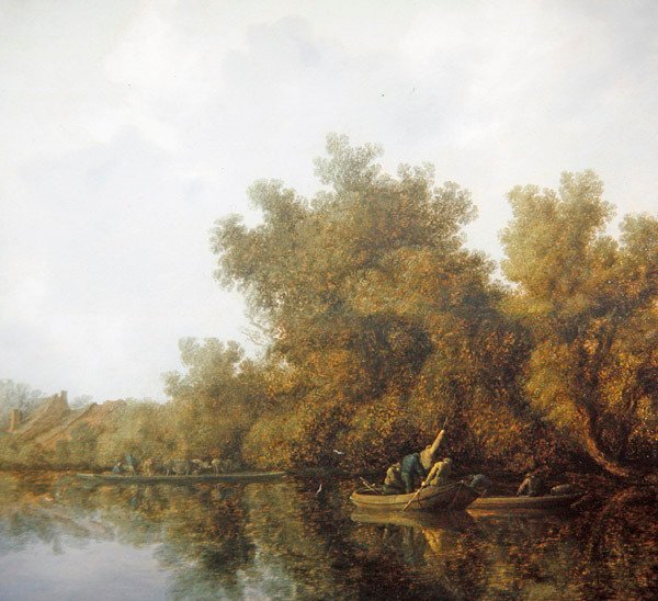 منظر طبيعي للنهر مع صيادون في قوارب تجديف يرفعون صيدًا (زيت على لوح) بواسطة Salomon van Ruisdael أو Ruysdael