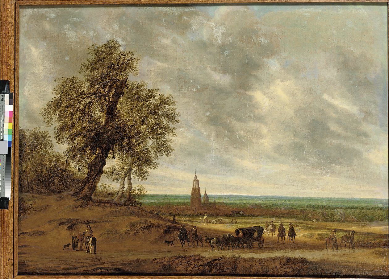 منظر بانورامي مع مسافرين على مسار ، مدينة امرسفورت بعدها ، 1634 بواسطة Salomon van Ruisdael أو Ruysdael