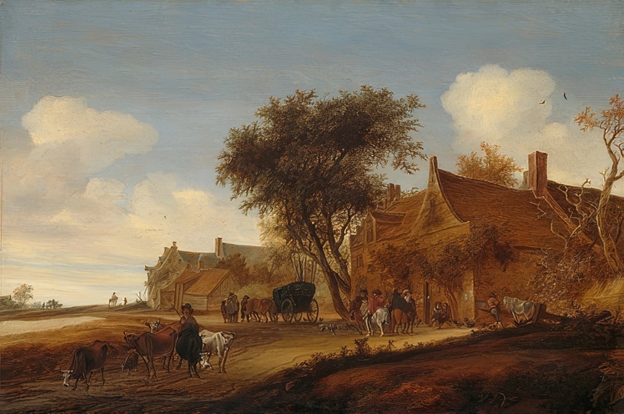 نزل القرية مع الحنطور. 1655 بواسطة Salomon van Ruisdael أو Ruysdael