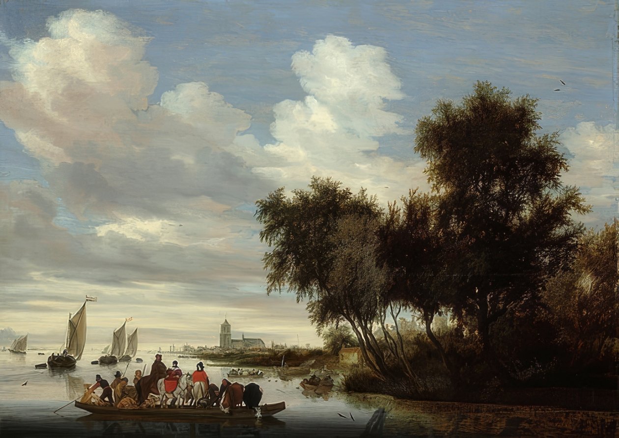 منظر النهر مع عبارة. 1649 بواسطة Salomon van Ruisdael أو Ruysdael