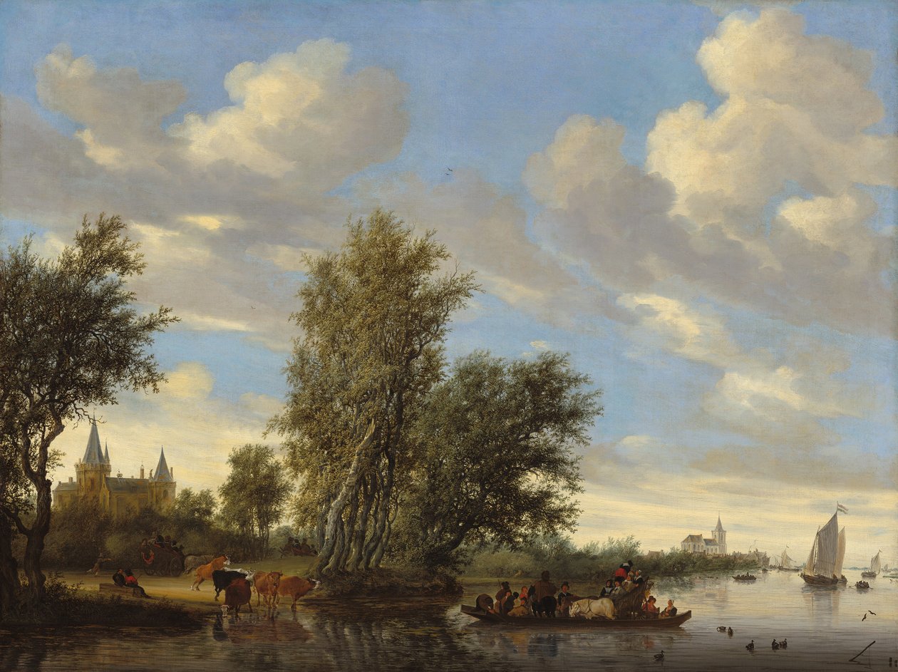 نهر المناظر الطبيعية مع العبارة بواسطة Salomon van Ruisdael أو Ruysdael