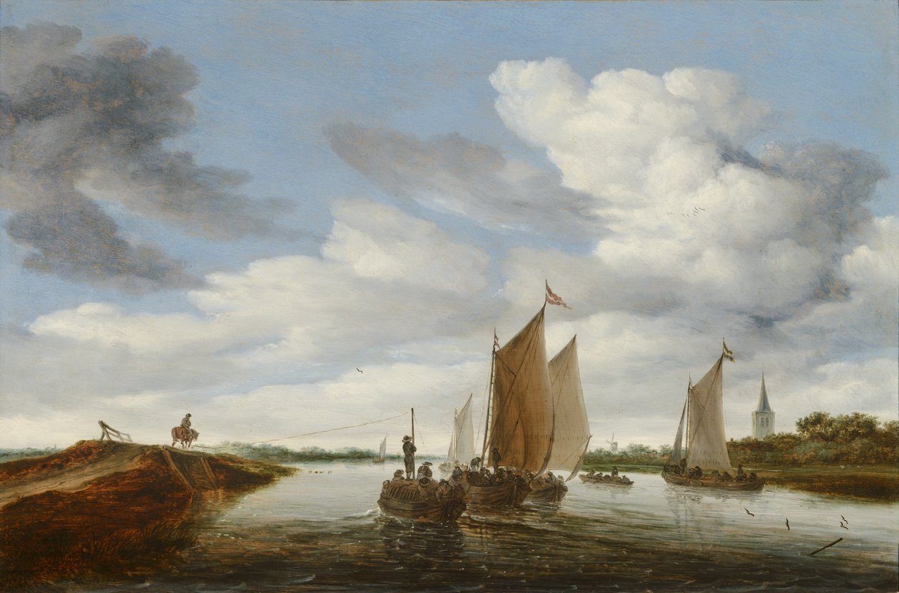 منظر طبيعي للنهر مع قوارب شراعية وبارجة تجرها الخيول بواسطة Salomon van Ruisdael أو Ruysdael