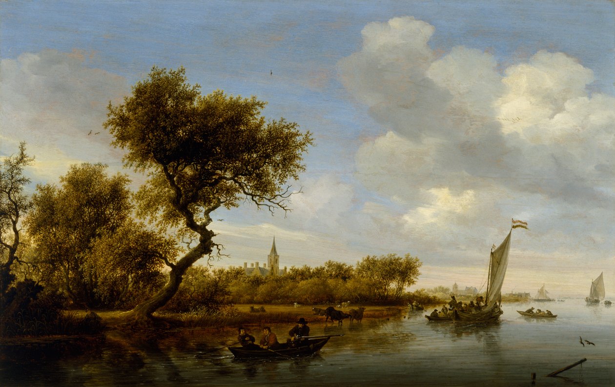 منظر طبيعي للنهر مع كنيسة على بعد حوالي 1655-1660 (زيت على خشب) بواسطة Salomon van Ruisdael أو Ruysdael