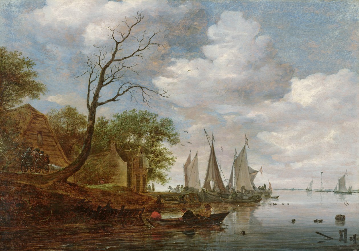 مشهد النهر مع القوارب الشراعية التي يتم تفريغها على الشاطئ (زيت على لوح) بواسطة Salomon van Ruisdael أو Ruysdael