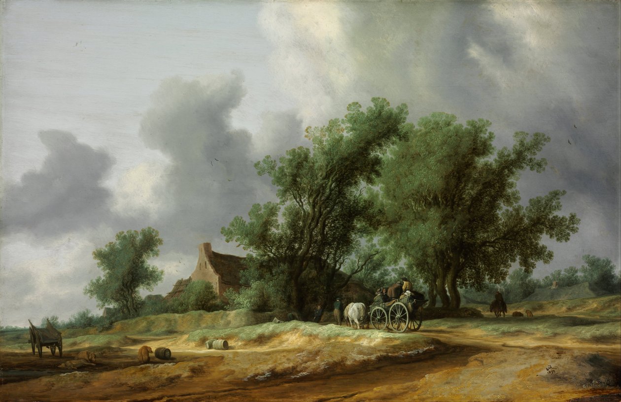 الطريق في الكثبان الرملية مع عربة - Peinture de Salomon Jacobsz van Ruisdael (1600 / 3-1670) - 1631 - زيت على خشب - 56x86،4 - Szepmuveszeti Muzeum ، بودابست بواسطة Salomon van Ruisdael أو Ruysdael