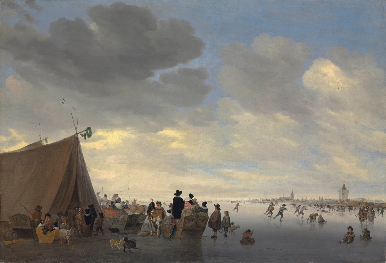 المتزلجين على نهر ليك المتجمد ، مدينة فيانين بعدها ، 1653 بواسطة Salomon van Ruisdael أو Ruysdael