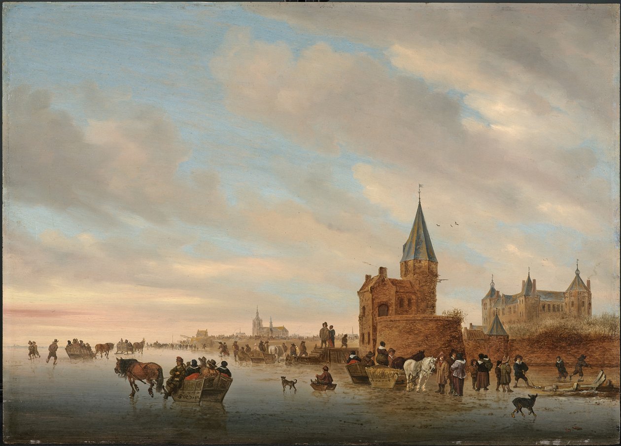 منظر طبيعي شتوي مع ملذات جليدية أمام كابريشيو لمدينة أرنهايم ، 1652 بواسطة Salomon van Ruisdael أو Ruysdael