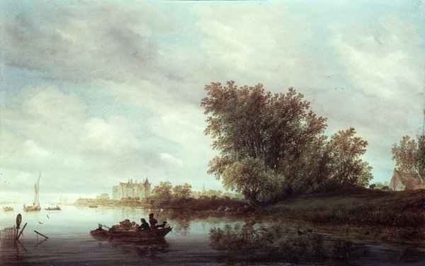 نهر مشجر منظر طبيعي مع قلعة (زيت على لوح) بواسطة Salomon van Ruisdael أو Ruysdael