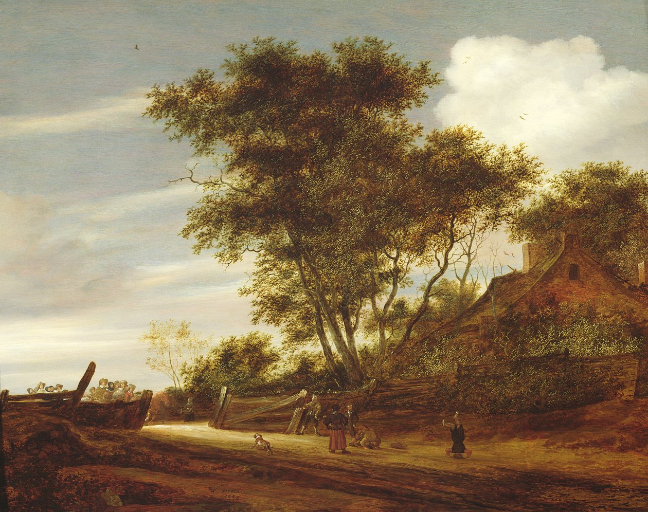 منظر طبيعي مشجر مع أطفال يلعبون على الطريق بجوار كوخ ، 1658 بواسطة Salomon van Ruisdael أو Ruysdael