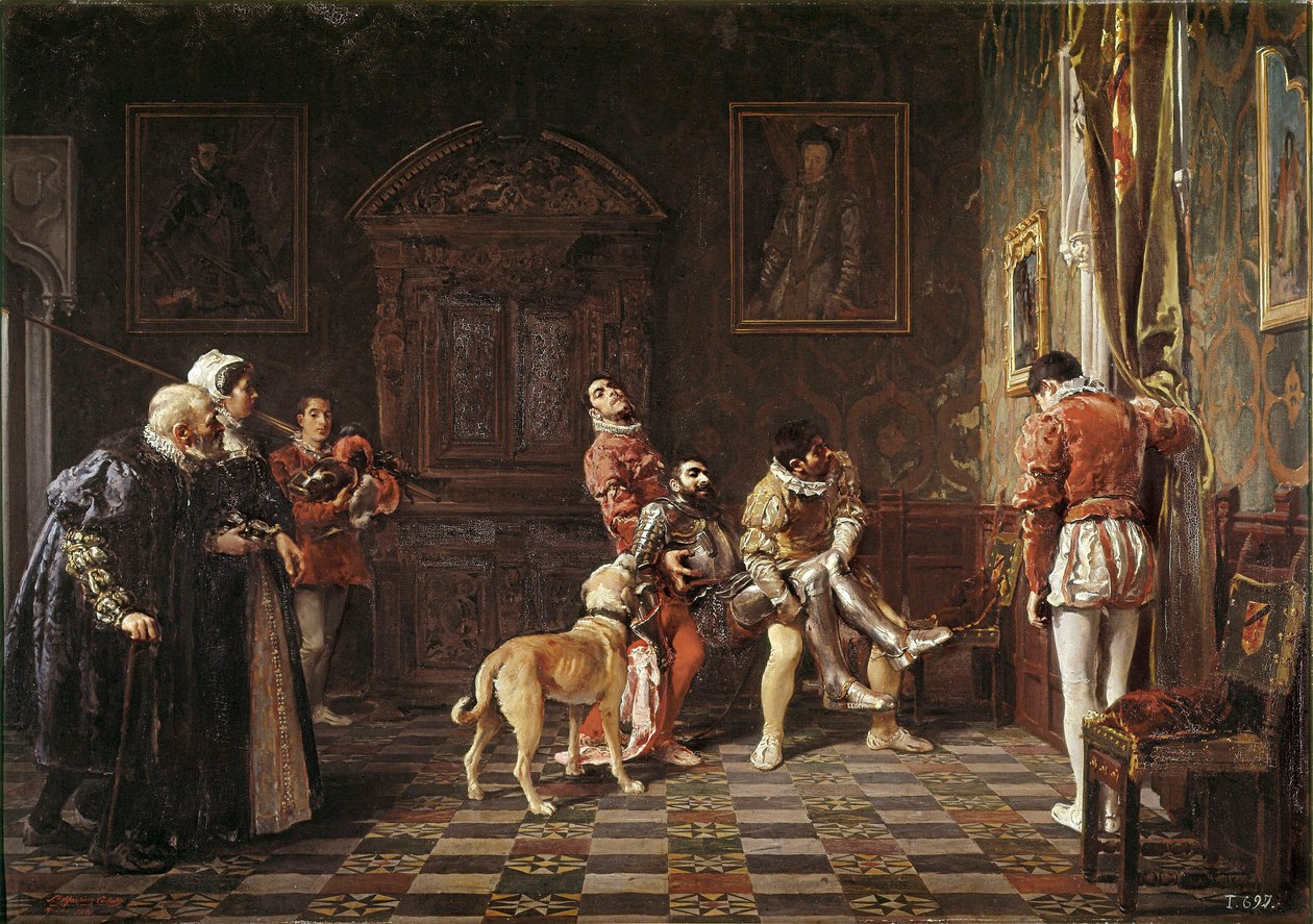 “" Return of the tournament "” A young knight hurts is brought back to the palace, supported by two pages. Painting by Salvador Martinez Cubells (1845-1914) 1881 Valencia. Museum of Bellas Artes San Pio بواسطة سلفادور مارتينيز كوبيلز