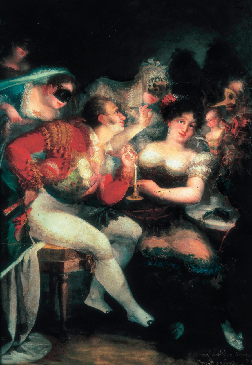 مقهى خلال الكرنفال ، التفاصيل ، ج. 1824-25 (زيت على قماش) بواسطة سلفادور مايول