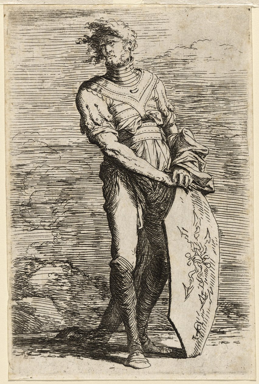 محارب دائم يحمل درعًا مثمنًا ممدودًا ، c.1656-57 (النقش على ورق مسدود) بواسطة سلفاتور روزا