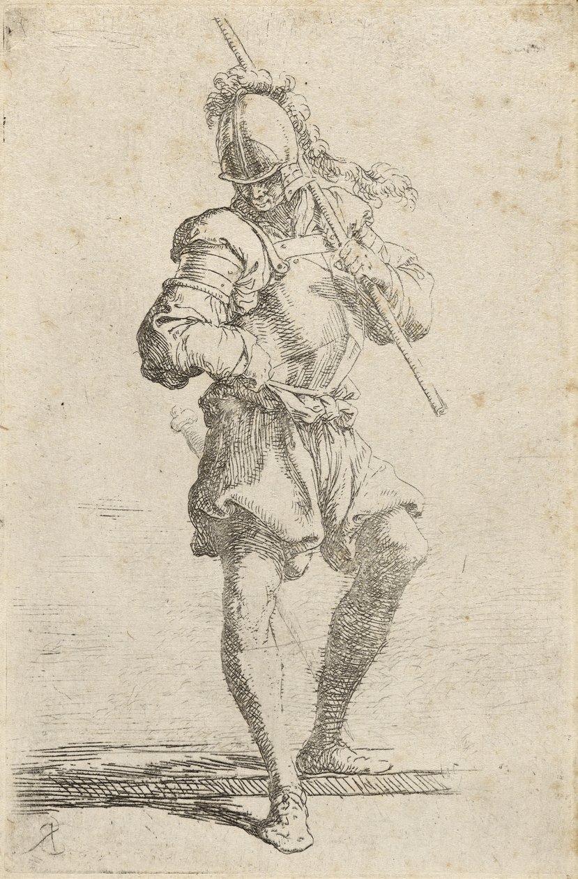 محارب ، يحمل طاقمًا على كتفه وينزل عن حافة منخفضة ، c.1656-57 (النقش مع نقطة جفاف على ورق مسدود) بواسطة سلفاتور روزا