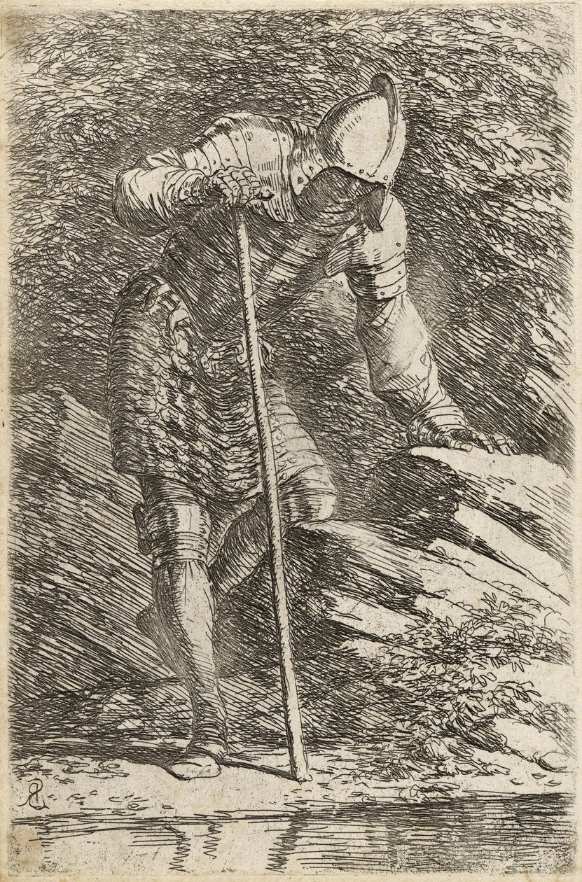 الجندي في الخوذة والدرع فيما يتعلق بجدول ، c.1656-57 (النقش على ورق مدبب مع نقطة جفاف) بواسطة سلفاتور روزا