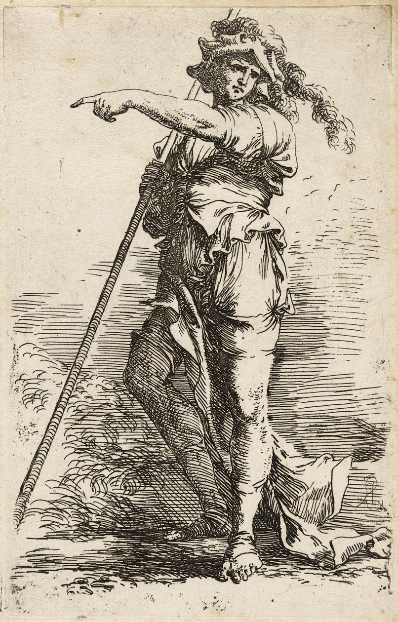 المحارب الواقف ، يحمل طاقمًا طويلًا فوق كتفه ويشير ، c.1656-57 (النقش مع نقطة الجفاف على ورق مسدود) بواسطة سلفاتور روزا