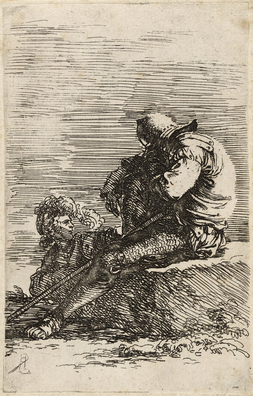 جنديان ، أحدهما جالس على حافة يمسك بعصا ، c.1656-57 (النقش على ورق مسدود) بواسطة سلفاتور روزا