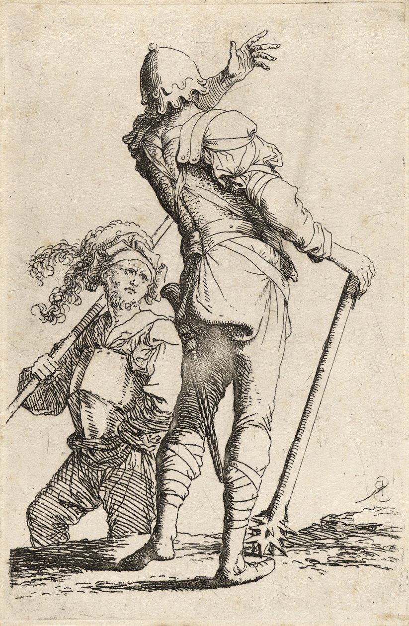 اثنان من المحاربين ، أحدهما يحمل صولجانًا ويتحول إلى استدعاء الآخر ، c.1656-57 (النقش بنقطة جفاف على ورق مسدود) بواسطة سلفاتور روزا
