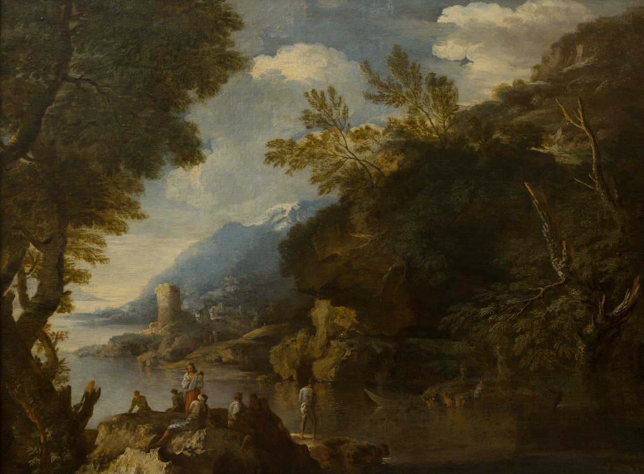 منظر طبيعي بالأشكال والقوارب ، حوالي 1635-73 (زيت على قماش) بواسطة سالفاتور (من أتباع) روزا