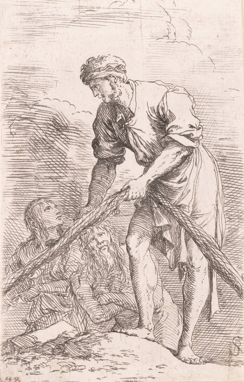 رجل يسحب شبكة خلفه شخصيتان من مسلسل "تمثال" ، كاليفورنيا. ... ، كاليفورنيا. 1656-1657. بواسطة سلفاتور روزا