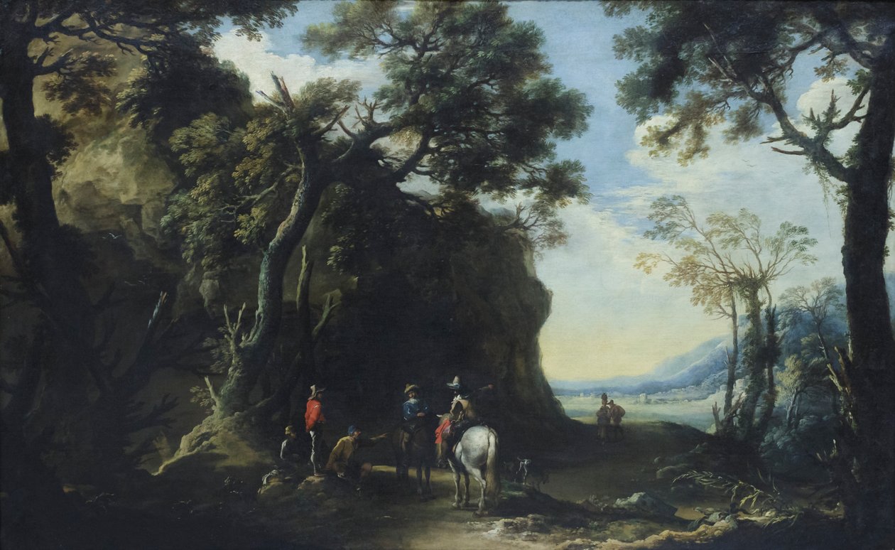 منظر طبيعي مع مسافرين يسألون عن الطريق، حوالي عام 1641 (زيت على قماش) بواسطة سلفاتور روزا