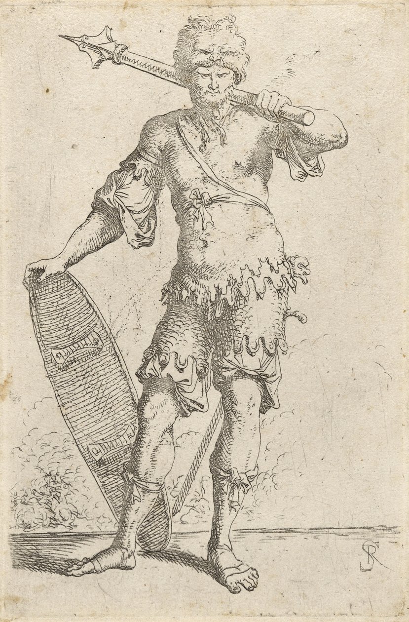 المحارب الغريب الواقف يرتدي قبعة رأس الأسد ، يحمل صولجانًا ودرعًا ، c.1656-57 (النقش على ورق مسدود) بواسطة سلفاتور روزا