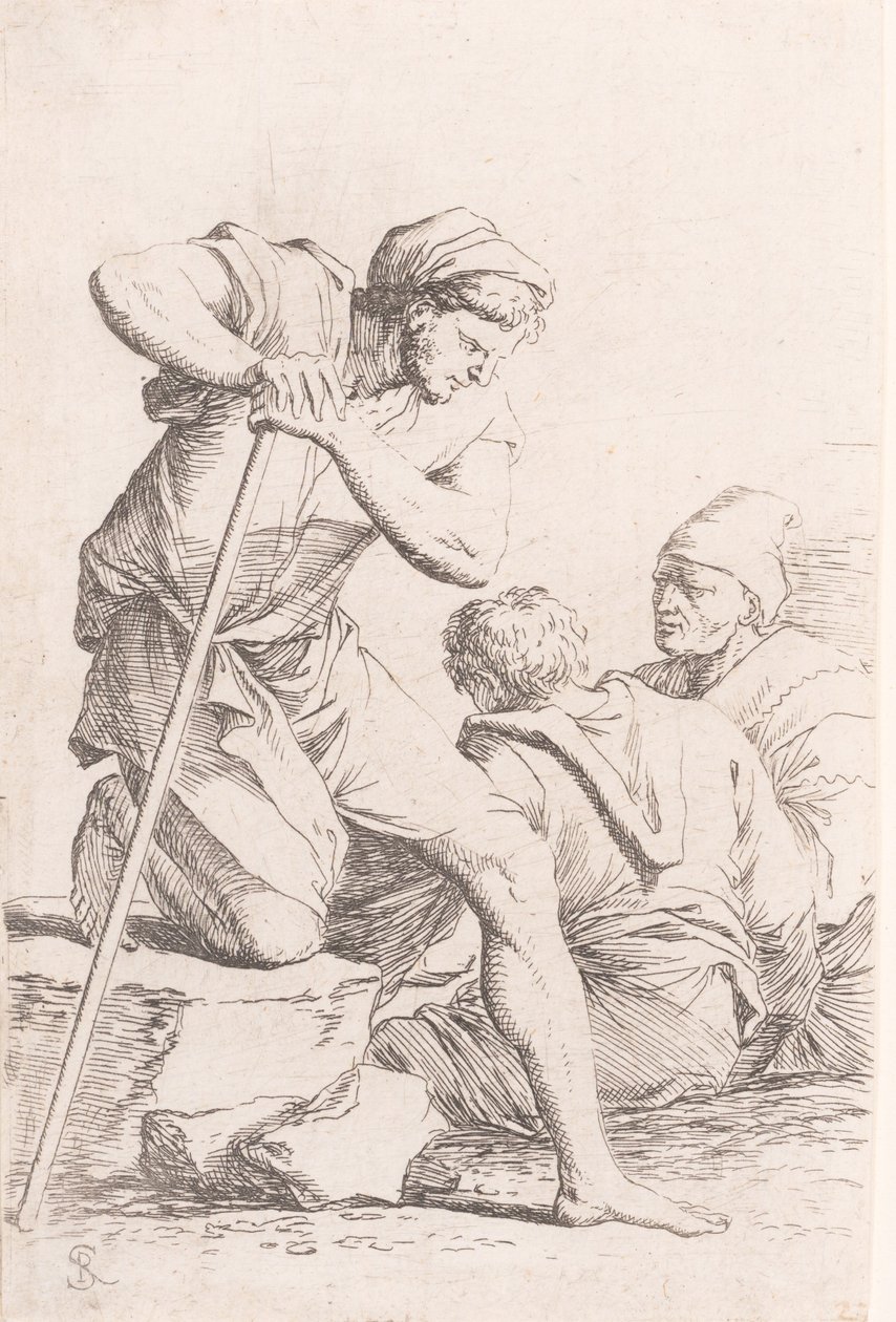 رجلان يجلسان ورجل آخر يحمل عصا راكعة على صخرة ، من سلسلة ... ، كاليفورنيا. 1656-1657. بواسطة سلفاتور روزا