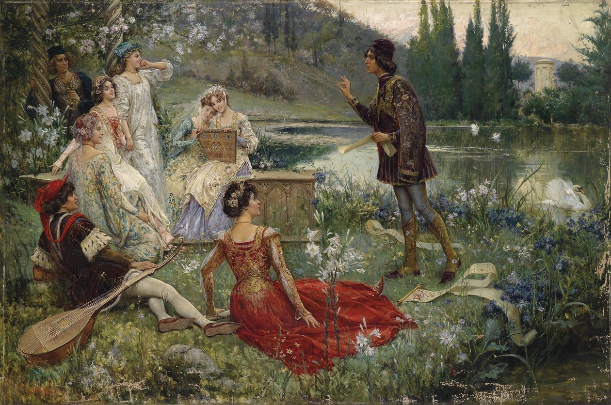 The Decameron par Salvatore Postiglione (1861-1906). زيت على قماش ، الحجم: 100x151 بواسطة سلفاتوري بوستيجليوني