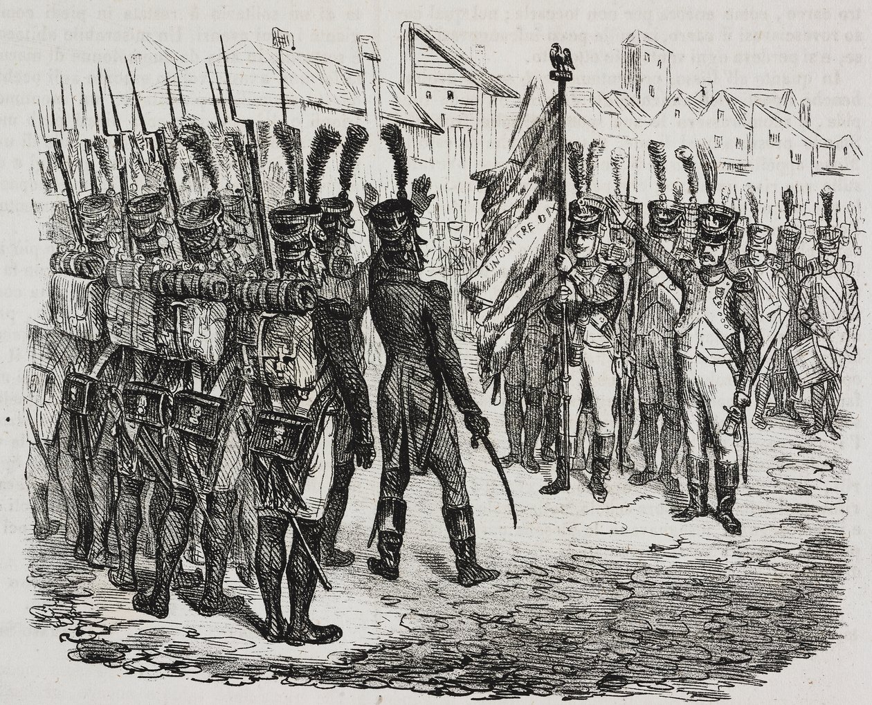 علم الفوج 84، طباعة حجرية لسلفاتوري بوليا من تاريخ نابليون بقلم سيزار مالبيكا (1804-1848)، من بوليوراما بيتوريسكو، العدد 16، 25 نوفمبر بواسطة سلفاتور بوليا